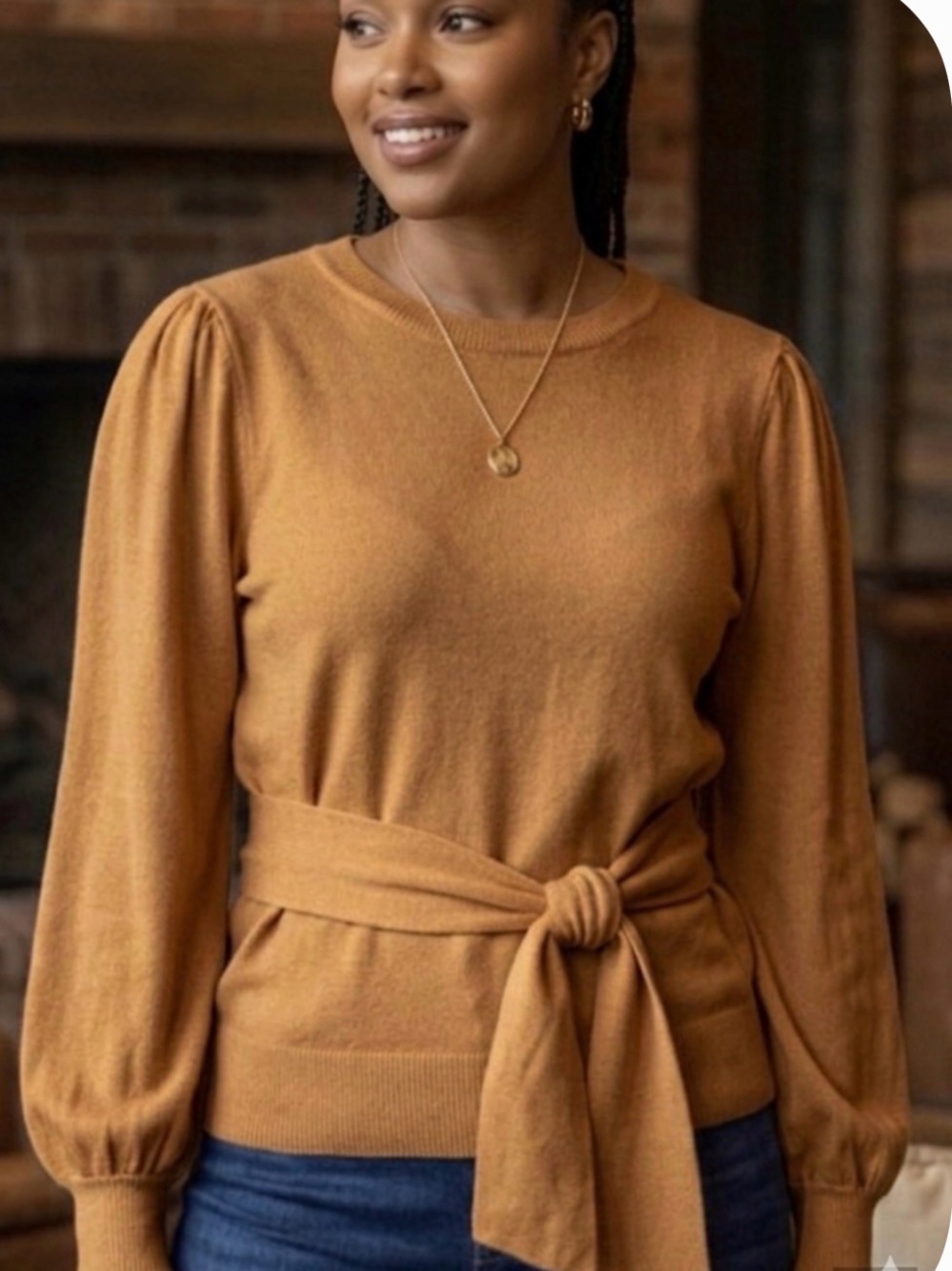Lauren Ralph Lauren Mustard Tie-Waist Puff Sleeve Sweater size xxl light Camel 🐪
